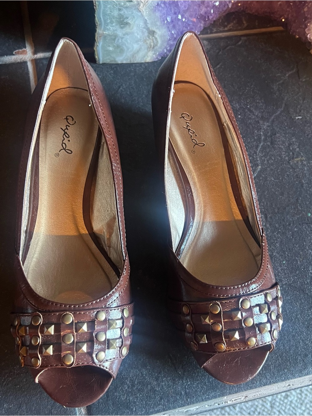 Qupid Brown Studded Wedges - Size 7.5 - Peep Toe Pumps - Like New